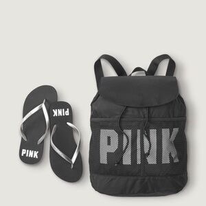 BNWT PINK BY VICTORIA’S SECRET BLACK & WHITE DRAWSTRING BACKPACK AND FLIP FLOPS